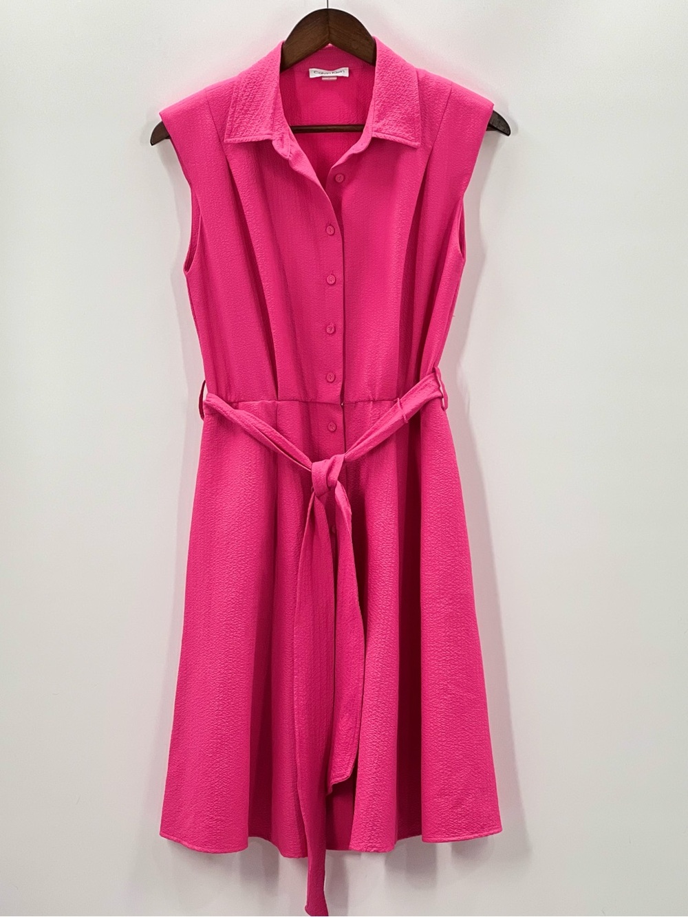 413 Calvin Klein Sleeveless Hot Pink Shirt Dress with Tie Waist